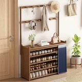 竹艺佳出租屋用鞋架收纳神器简易多层家用小型入户门多功能衣帽架一体架 茶色蓝帘-挂衣款4层50（图二）