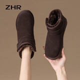 ZHR冬季雪地靴女短筒网红平底短靴女百搭靴子不易滑加绒加厚保暖棉鞋 咖啡色 38