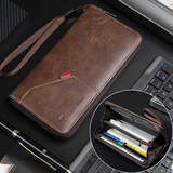 皓娥男士钱包长款复古商务手拿包字母压花多功能卡包大容量手腕包 浅棕色