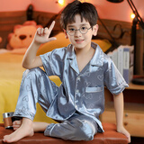 冰丝男童睡衣夏季短袖长裤薄款丝绸儿童家居服中大童卡通亲子套装 HX-1109#浅蓝小爱心 14码【建议身高125-135CM】