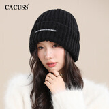 CACUSS毛线帽女士秋冬季保暖大头围针织帽防风防寒帽护耳堆堆帽子女黑色