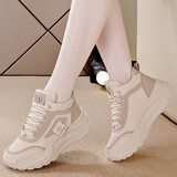 百丽尚熙品牌高帮鞋女秋冬加绒加厚保暖休闲运动中老年妈妈厚底软皮软底鞋 卡其色单里 37