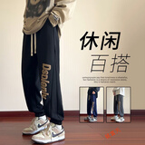 铭富天裤子男春夏季美式潮流束脚裤宽松大码字母印花运动卫裤男士休闲裤 黑色(常规) XL (建议体重125-130斤)