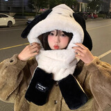 溪谷幽幽2024新款可爱毛绒连围脖女款秋冬季保暖手套帽子围巾一体三件套潮 帕恰狗白色三件套