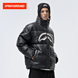 SPRAYGROUND冬季PU皮鲨鱼嘴羽绒服男女保暖白鸭绒情侣加厚外套 黑色 M