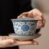 兮元记青花汝窑三才盖碗茶杯单个高档家用国风功夫泡茶碗三件套茶具套装 繁花米黄汝窑纳香盖碗（180ml）