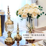 初见 创意玻璃花瓶客厅电视柜摆件餐桌轻奢饰品家居仿真干花插花 古铜色花瓶一对+富贵白玫瑰