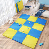 万创泡沫地垫拼接家用打地铺儿童爬行垫加厚婴儿防摔垫隔音减震爬爬垫 黄色+蓝色【送边条 母婴级】 30*30*2cm加厚【16片/3C认证】