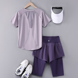 徽格儿（phigeer）跑步套装女晨跑服夏季专业五分裤跳操服薄款宽松透气健身衣短袖 紫色两件套（紫色五分裤） L