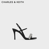 CHARLES&KEITH半宝石褶皱一字带高跟鞋凉鞋女CK1-60361402 Black黑色 34