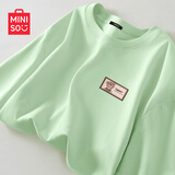 名创优品（MINISO）短袖2025新款女夏季胖mm大码显瘦宽松女装纯棉半袖夏天正肩女t恤 果绿色(嗨皮熊仔胸标) M 160 (不褪色 不变形)