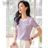 初申夏季短袖T恤女时尚气质肌理感面料小香风撞色上衣小衫S13KT1022