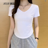 栖纪白色t恤女短袖2025新款v领不规则弧形下摆紧身正肩体恤纯棉上衣夏 白色 L