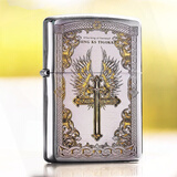 ZIPPO正版打火机美国原装 银铬拉丝深雕双面十字天使之剑 男士之宝年货 saber