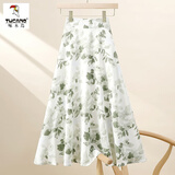 啄木鸟冰丝国风雪纺碎花半身裙长裙夏2025新款气质遮胯大摆印花高腰A字 抹茶绿【后松紧】 L 【110-120斤】