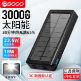 PSOOO 太阳能充电宝30000毫安快充22.5W大容量移动电源户外防水防尘防震露营灯适用于苹果华为手机通用 黑色/22.5W快充/3万毫安 标配版 数据线