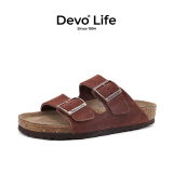 Devo Life的沃软木拖鞋男女同款情侣绒面夏季勃肯鞋一字凉鞋休闲拖鞋2618 酒红色反绒牛皮 35 （建议拍小一码）
