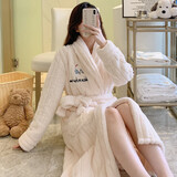 浪莎睡袍女珊瑚绒秋冬季长款睡衣加厚加绒法兰绒浴袍家居服白色XXL