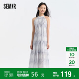 森马观园吉联名连衣裙女肌理国风夏收腰宽松挂脖长裙109324114021
