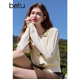 百图betu女装秋季新款毛针织衫拼色翻领甜美纽扣针织衫女2408T10 杏色 M