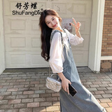 舒芳蝶（shufangdie）连衣裙女装2025秋季新款收腰显瘦时尚学院风牛仔背带裙套装裙女夏 白T恤+背带裙 M