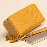 木拓2025新款钱包女真皮长款女式皮夹双拉链手包大容量简约牛皮手拿包 黄色 鳄鱼纹，双拉链