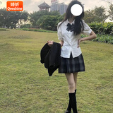 婍妡两件套jk制服套装甜辣衬衫上衣女短袖泡泡袖纯欲衬衣百褶裙 收腰短袖单衬衫 XS 77-89