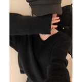 妮缕 宽松v领针织衫女秋冬新款小个子内搭打底衫加厚毛衣学生短款上衣 黑色 均码 【建议80-130斤】