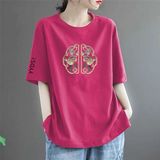 清仓捡漏尾单大牌剪标大码2024新款女装短袖t恤女宽松显瘦上衣潮 50玫红色【中】复古扇 L 110-130斤