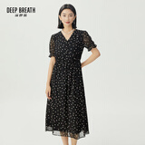深呼吸DEEP BREATH女装法式V领网纱弹力松紧腰印花连衣裙A500294 黑 S (2)