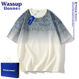 WASSUP UOSNE官方潮牌渐变色短袖t恤男士夏季休闲宽松五分袖潮流印花半袖上衣 杏蓝色 XL