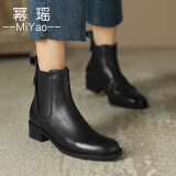 幂瑶头层牛皮方跟短筒靴女秋冬松紧带舒适简约中跟妈妈靴加绒切尔西靴 黑色 36