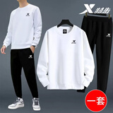 特步运动套装男冬季品牌卫衣长裤秋冬两件套大码宽松长袖跑步男装 运动套装：白色+黑 L/175