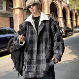 宾迪肯（BINDIKEN）小香风格子羊羔毛外套男秋冬季潮牌宽松棉服大码男装夹克棉衣潮流 A157-M199黑色（羊羔毛加厚） XL （建议140-160斤）