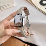 炫戴适用苹果手表S10/S9表带s11真皮apple iWatchs8/7/6/5蝴蝶扣se3商务ultra3高级男女运动皮质荔枝纹 荔枝纹蝴蝶扣皮带-杏色 适用：38/40/41/42mm表盘