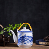 茗客 茶壶陶瓷大号容量功夫家用耐热青花瓷脸谱凉水提梁冷水饭店单壶 小桥流水提梁壶 2L