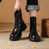 达芙妮厚底马丁靴女秋冬短靴女百搭单靴英伦风中筒靴子女 黑色 38