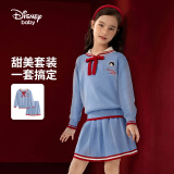 迪士尼（Disney）童装男童圆领加绒套装秋儿童不倒绒两件套新年衣服红色拜年服 套装裙蓝-女童（毛线针织） 110