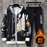 卡度顿（两件套）初中生运动服套装男生春秋季卫衣开衫外套冬青少年衣服 黑色拉链小熊加绒卫衣+长裤 M(建议90-110斤)