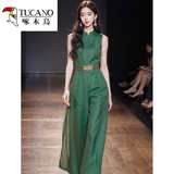 啄木鸟2025新款独特连衣裤超好看高端精致新中式国风绿色连体裤子女夏季 绿色配腰带 L