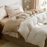 眠度床上四件套纯棉100%全棉床单被罩被套床笠单人宿舍磨毛刺绣裸睡 白棕 单件被套220x240cm