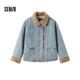 森马（Semir）牛仔棉服女拼接毛领美式复古2024冬宽松毛边夹克街头109724108017