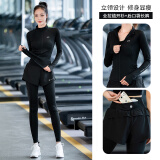 朵梵蓮春夏季专业晨跑速干衣有氧运动服女跑步户外健身服显瘦瑜珈服套装 黑色外套+黑色长裤 L