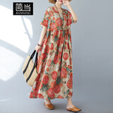 简当（JIANDANG）大码女装夏V领薄款宽松文艺度假风沙滩裙复古遮肉长款连衣裙5847 裙版西瓜红-ZZ1052 大码均码【120-190斤】