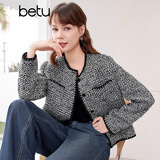 百图betu女装春季新款短外套高级感小香风长袖毛呢外套女2401T40 黑色 L