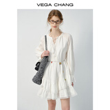 VEGA CHANG白色连衣裙女2026春新款法式V领长袖高级感蕾丝裙子 云朵白（长袖） S