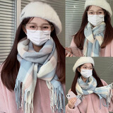 慕琼（MUQIONG）显白2024新款围巾女秋冬季韩版百搭高级格子披肩情侣围脖男保暖 奶蓝粉格[百搭热卖款]