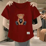 清仓捡漏尾单大牌美式复古小熊t恤女短袖夏大码宽松上衣遮肚子 78下印酒红色中豹纹熊 XL