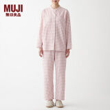 无印良品 MUJI 女式 无侧缝双层纱织立领睡衣 女士家居服 纯棉全棉 粉红色格纹 L-XL