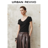 UR2025春季新款女时尚基础纯色修身短款V领短袖T恤UWB450004# 黑色 M